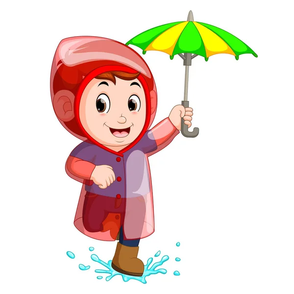 穿着雨衣的小男孩拿着雨伞 — 图库矢量图片