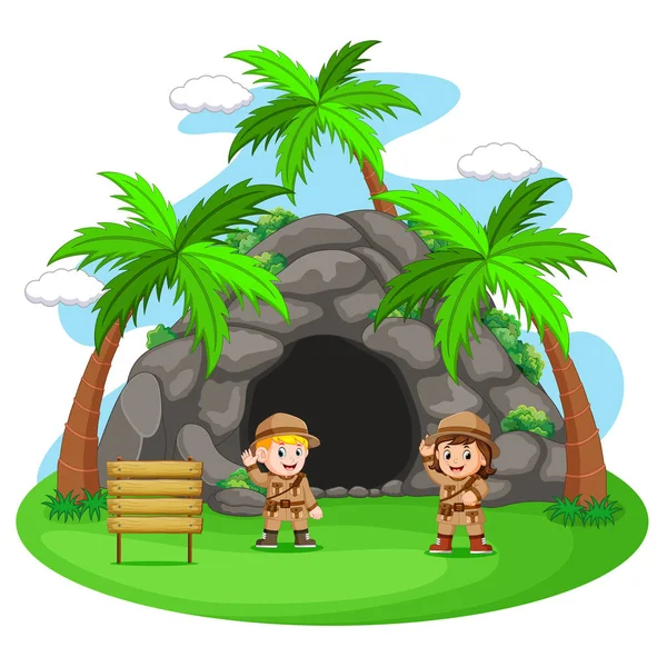 Dva Dobrodruh Před Jeskyně — Stockový vektor