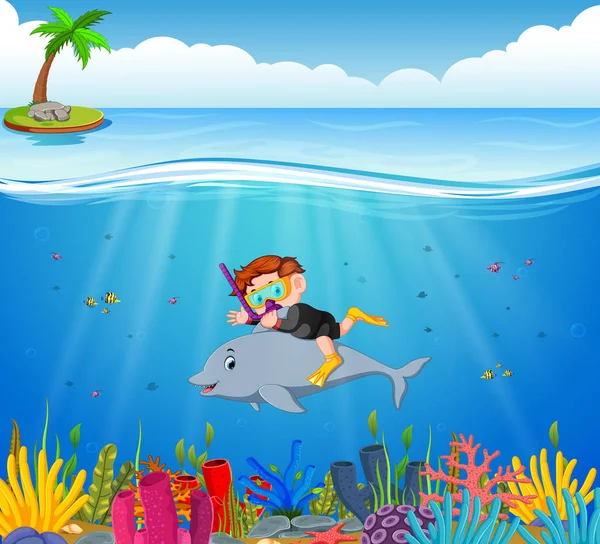 Мультфильм Мальчик Ныряющий Море Дельфином — стоковый вектор