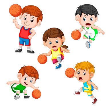 farklı poz ile basketbol profesyonel çocuk oyuncu topluluğu