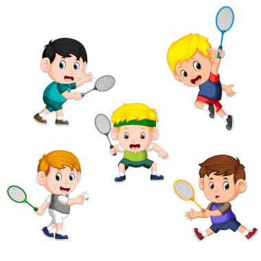 farklı poz ile badminton çocuk oyuncu topluluğu