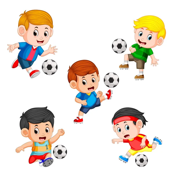 Colección Fútbol Niños Jugador Con Los Diferentes Posando — Archivo Imágenes Vectoriales