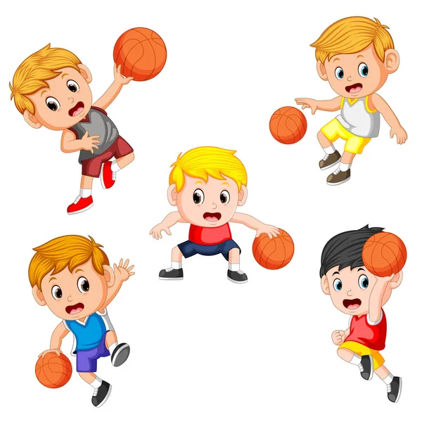 Colección Simple Del Jugador Baloncesto Los Niños Con Los Diferentes — Vector de stock