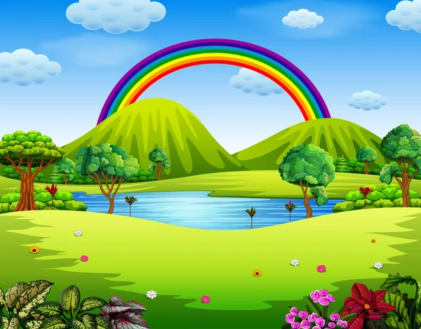 Colorido Jardín Con Hermoso Arco Iris — Vector de stock