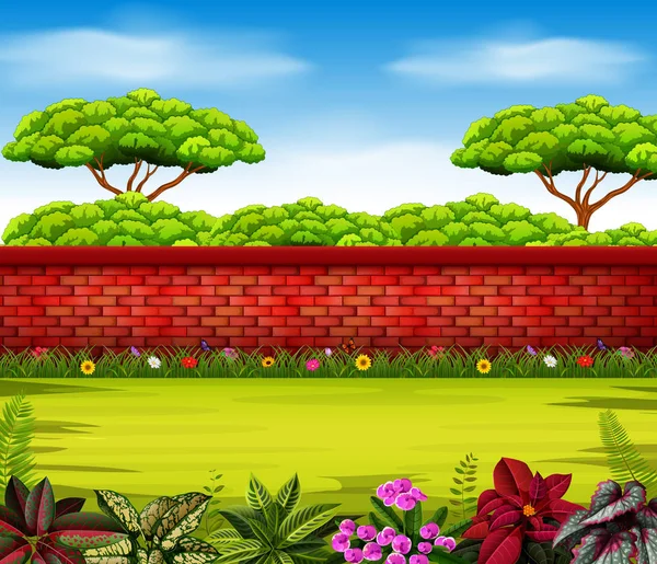 Die Hohe Mauer Mit Hohen Bäumen Und Einigen Blumen — Stockvektor