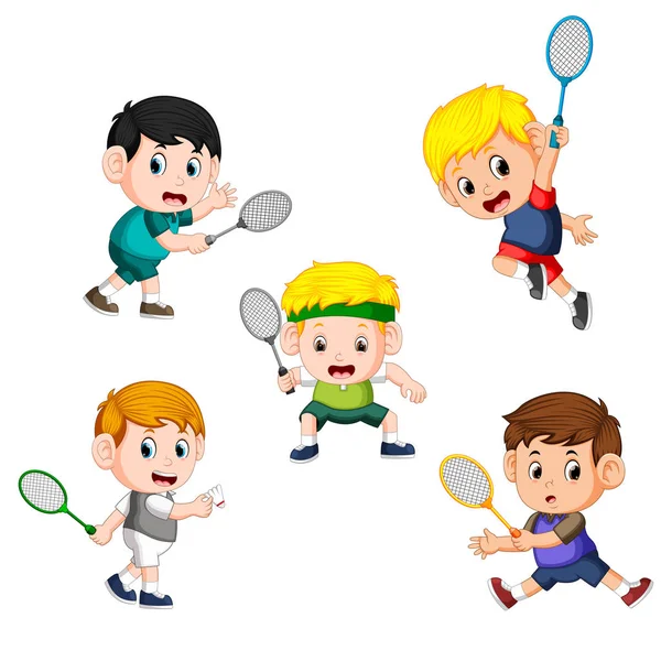 Collection Badminton Children Player Different Posing — Stock Vector