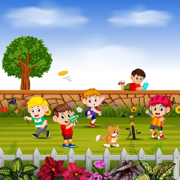 Chlapci Sport Hrát Společně Zahradě — Stockový vektor