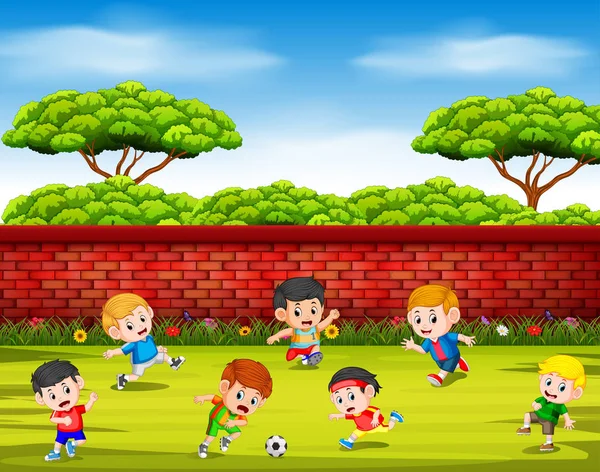 Παιδιά Παίζοντας Ποδόσφαιρο Την Ομάδα Τους Μαζί Στην Αυλή — Διανυσματικό Αρχείο
