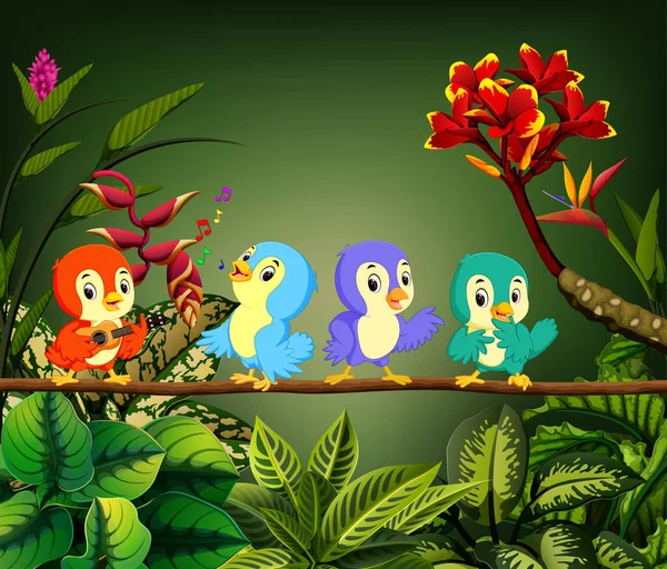 Little Birds Sing Song Forest — Stock Vector