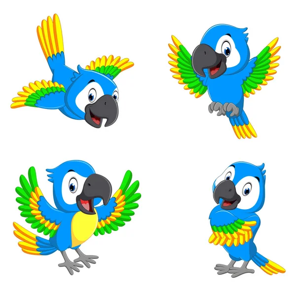 Collection Blue Parrots Happy Faces — Stock Vector