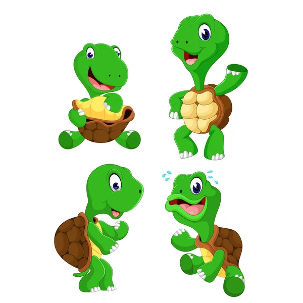 Colección Tortuga Verde Con Diferentes Poses — Vector de stock