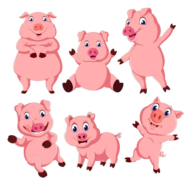 Collection Pink Pig Different Posing — Stock Vector