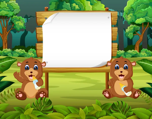 Charakter Zobrazit Dřevěnou Šachovnici Mezeru Dva Malé Dítě Medvěd — Stockový vektor