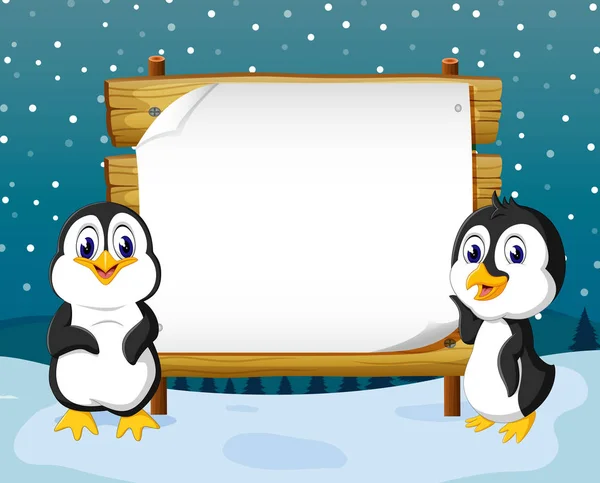Χειμώνα Δείτε Κενό Διάστημα Ξύλινη Σανίδα Και Δύο Πιγκουίνους Σταθεί — Διανυσματικό Αρχείο
