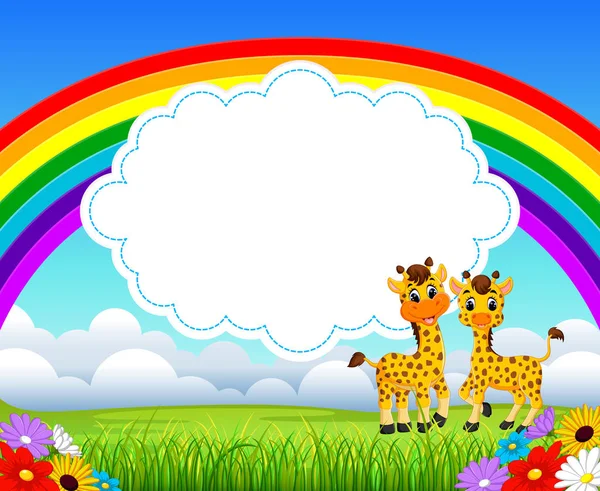 Nature Rainbow View Cloud Board Blank Space Two Giraffe — Stock Vector