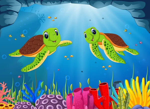 Vista Mar Con Las Dos Tortugas Verdes Nadando — Vector de stock