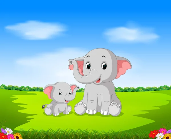 Die Natürliche Aussicht Mit Der Elefantenmutter Und Ihrem Baby Beim — Stockvektor