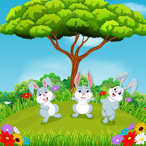 Hermosa Vista Con Tres Conejos Jugando Juntos Bajo Enorme Árbol — Vector de stock