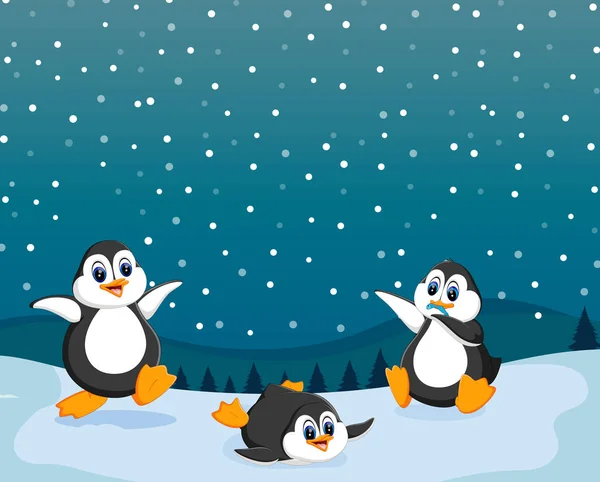 Bela Vista Com Três Pinguins Brincando Neve — Vetor de Stock