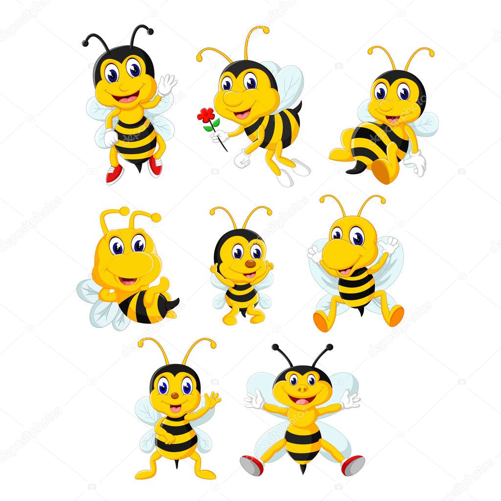 the collection of the yellow bee in the different posing and size