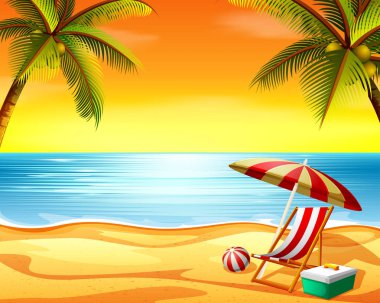 güzel gün batımı Beach plaj sandalye ve Hindistan cevizi ağaçları ile arka plan görüntüleme