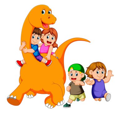 çocuklar büyük apatosaurus'ın beden ve bazı çocuklar iskambil ile o onun yanında çalıştırmak