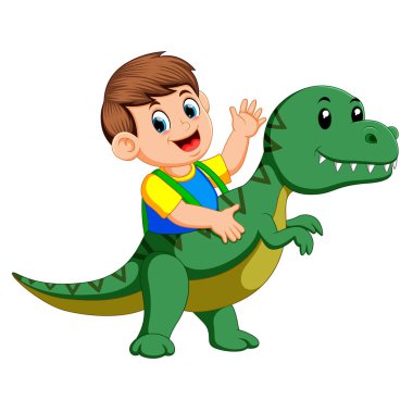 Tyrannosaurus Rex Kostüm kullanarak ve elini sallayarak çocuk