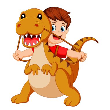 Tyrannosaurus Rex Kostüm ve çekme ipi kullanarak kırmızı kumaş çocukla