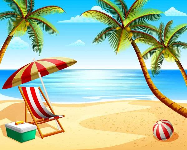 Las Vacaciones Verano Vista Playa Con Silla Playa Algunos Cocoteros — Vector de stock