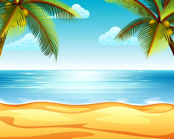 Vista Playa Tropical Con Playa Arena Dos Cocoteros Ambos Lados — Vector de stock