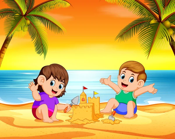Die Kinder Spielen Strand Und Bauen Die Burg Mit Dem — Stockvektor