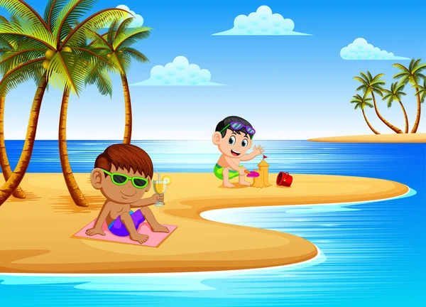 子供たちと美しい景色をリラックスし 海岸の砂で遊んで — ストックベクタ