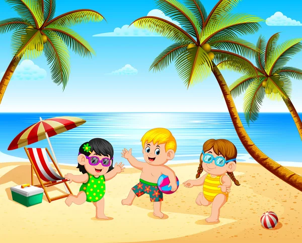 美丽的风景与三个孩子在海滩在蓝色天空之下演奏 — 图库矢量图片