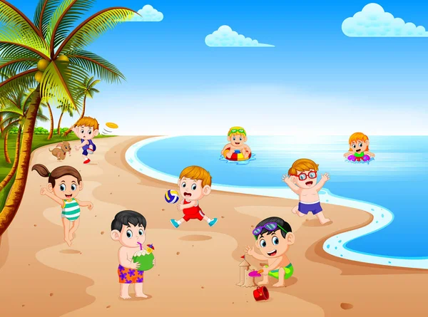 Summer View Grup Children Playing Swimming Beach Sunny Day — Stock Vector