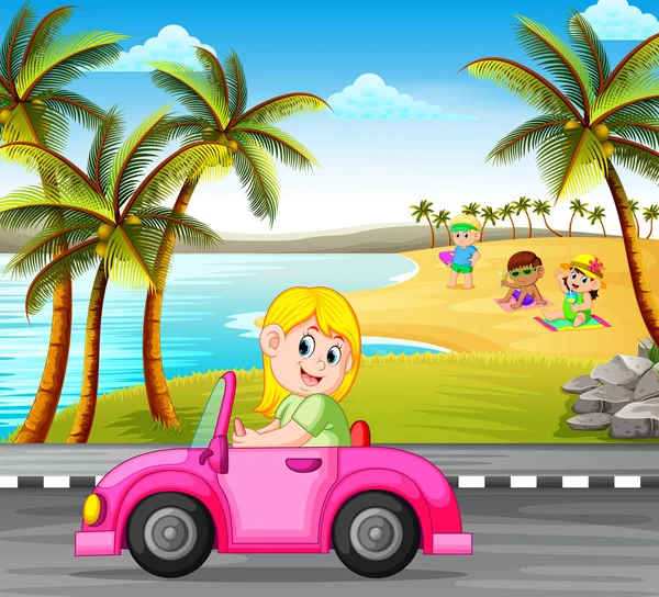 女人驾驶粉红色的汽车在街上与美丽的海滩背景 — 图库矢量图片