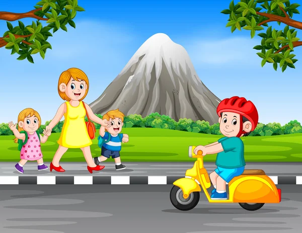 Kadın Çocukları Yolda Yürürken Motosiklet Sürüş Çocuk — Stok Vektör