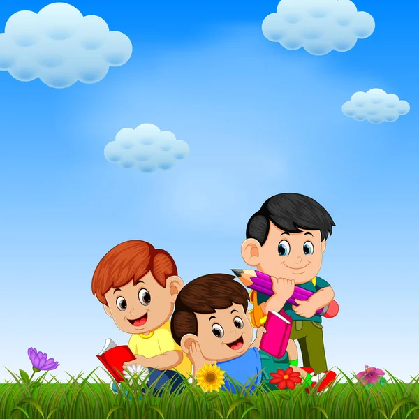 Los Niños Jugando Leyendo Libro Jardín Día Soleado — Vector de stock