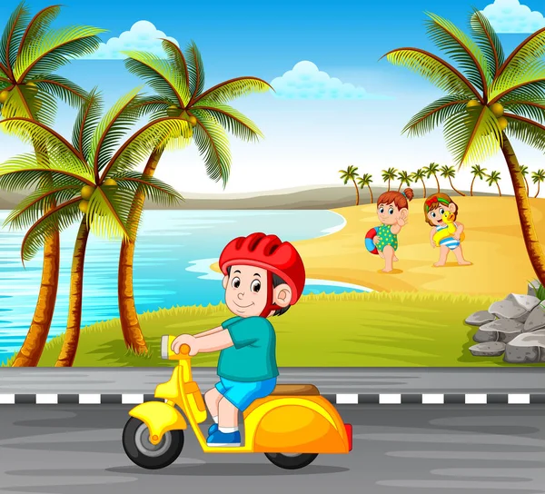 男孩驾驶摩托车在路与海滩背景 — 图库矢量图片