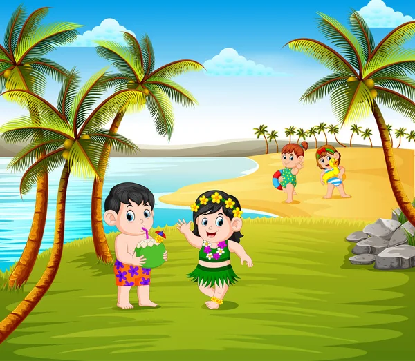 美丽的夏天在海滩与孩子使用夏威夷服装 — 图库矢量图片