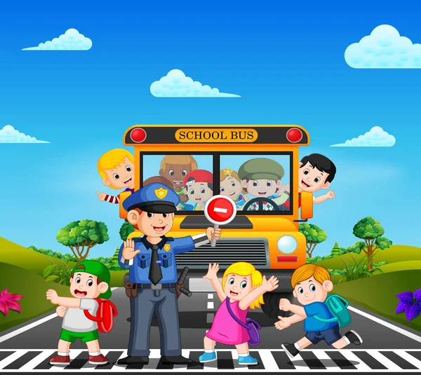 Παιδιά Διασχίζουν Δρόμο Ενώ Αστυνομία Σταματήσει Σχολικό Λεωφορείο Και Παιδιά — Διανυσματικό Αρχείο