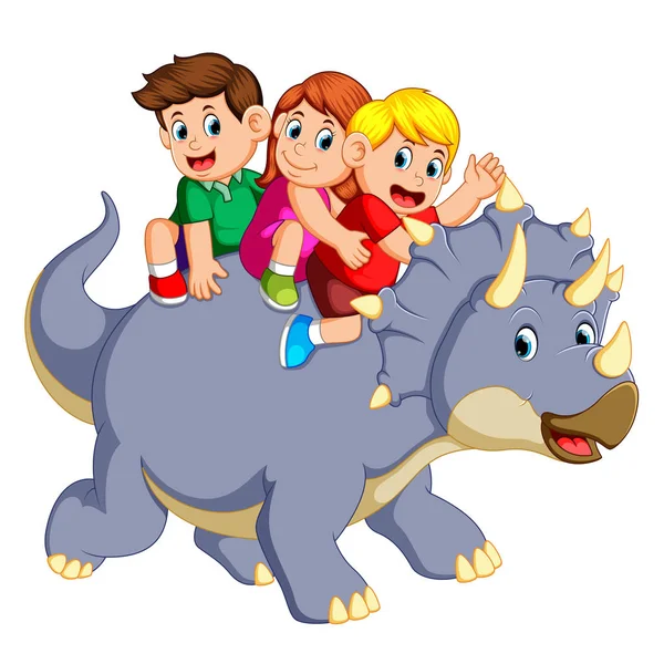 Παιδιά Κάθονται Triceratops Και Κουνώντας Τους Χέρι Όταν Κινηθεί — Διανυσματικό Αρχείο
