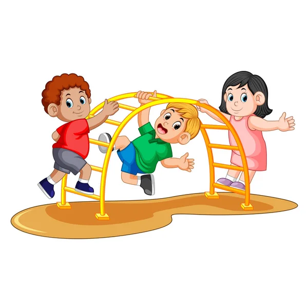 Niños Jugando Escalada Metal Mono Bar Patio Trasero — Vector de stock