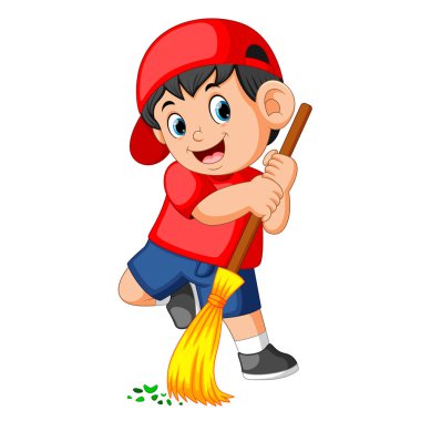 kırmızı bere süpürme çöp uzun süpürge ile kullanarak mutlu çocuk