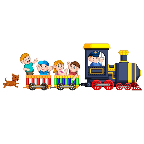 Children Engineer Locomotive Get Train Dog Follow Them Back — Stock Vector