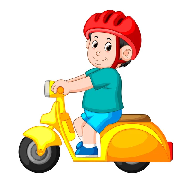 男は黄色のスクーターのバイクに乗るし 赤いヘルメットを使用 — ストックベクタ