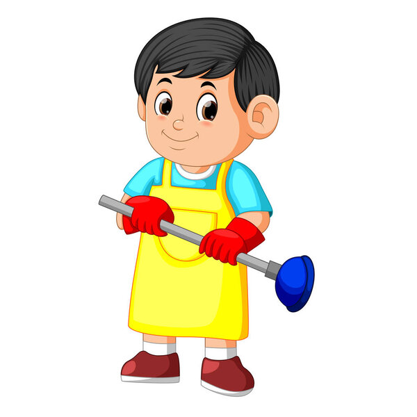 cleaning service holding plunger and wearing apron