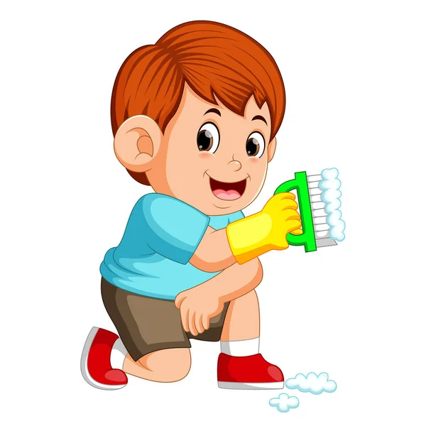 Αγόρι Κάθεται Και Κρατώντας Την Πράσινη Βούρτσα Για Καθαρίσει Πράγματα — Διανυσματικό Αρχείο