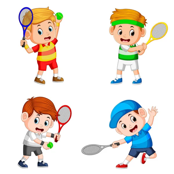 Colección Acción Del Niño Haciendo Campo Tenis Con Buena Pose — Archivo Imágenes Vectoriales