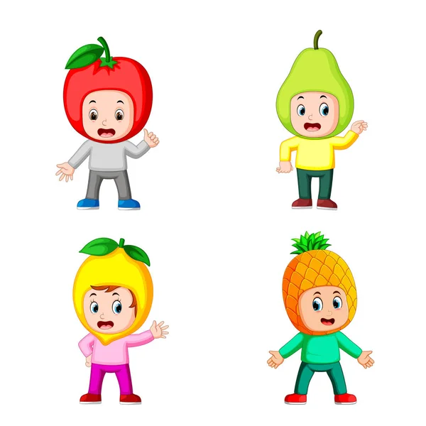 Collection Boy Children Using Fruits Costume Different Posing — Stock Vector