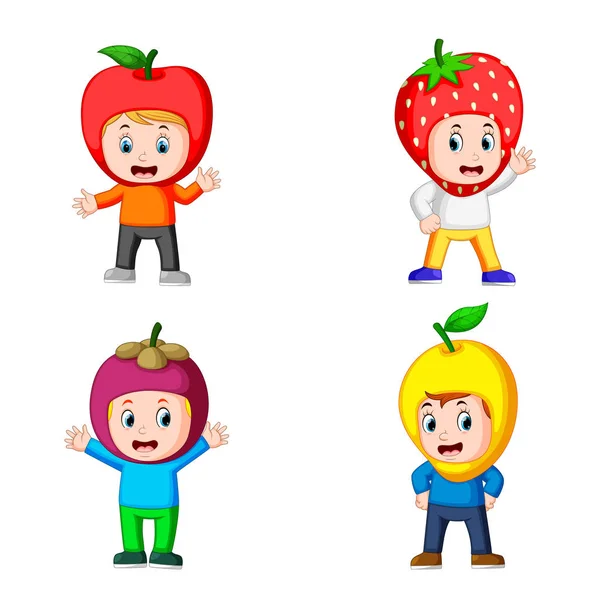 Coleção Dos Meninos Bonitos Usando Traje Frutas Com Variante Diferente — Vetor de Stock